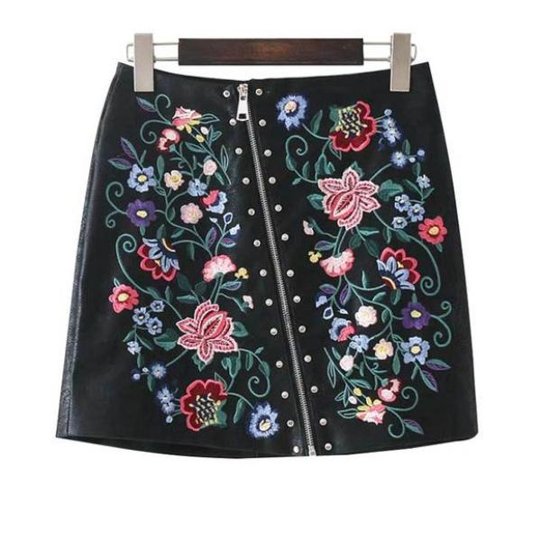 Floral Embroidery Rivet PU Leather Mini Skirts - FASHIONARM