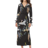 Flower Crane Print Maxi Wrap Dresses - FASHIONARM